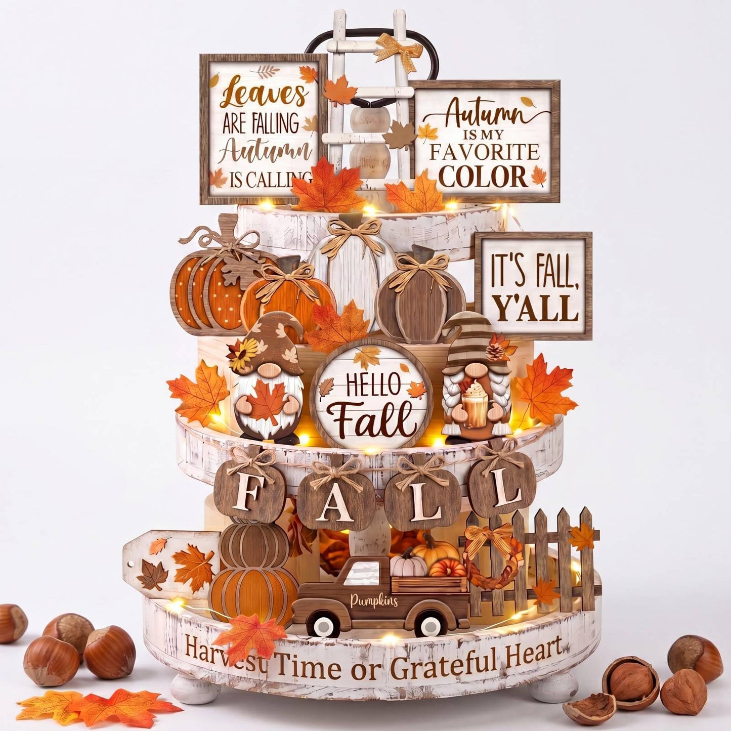 Shellwei 20 Pcs Fall Tiered Tray Decor Set Thanksgiving Wooden Orange Table Decoration Pumpkin Maple Leaf Gnome Sign Table Centerpieces Autumn Farmhouse Tabletop for Home Harvest Shelf Kitchen Office