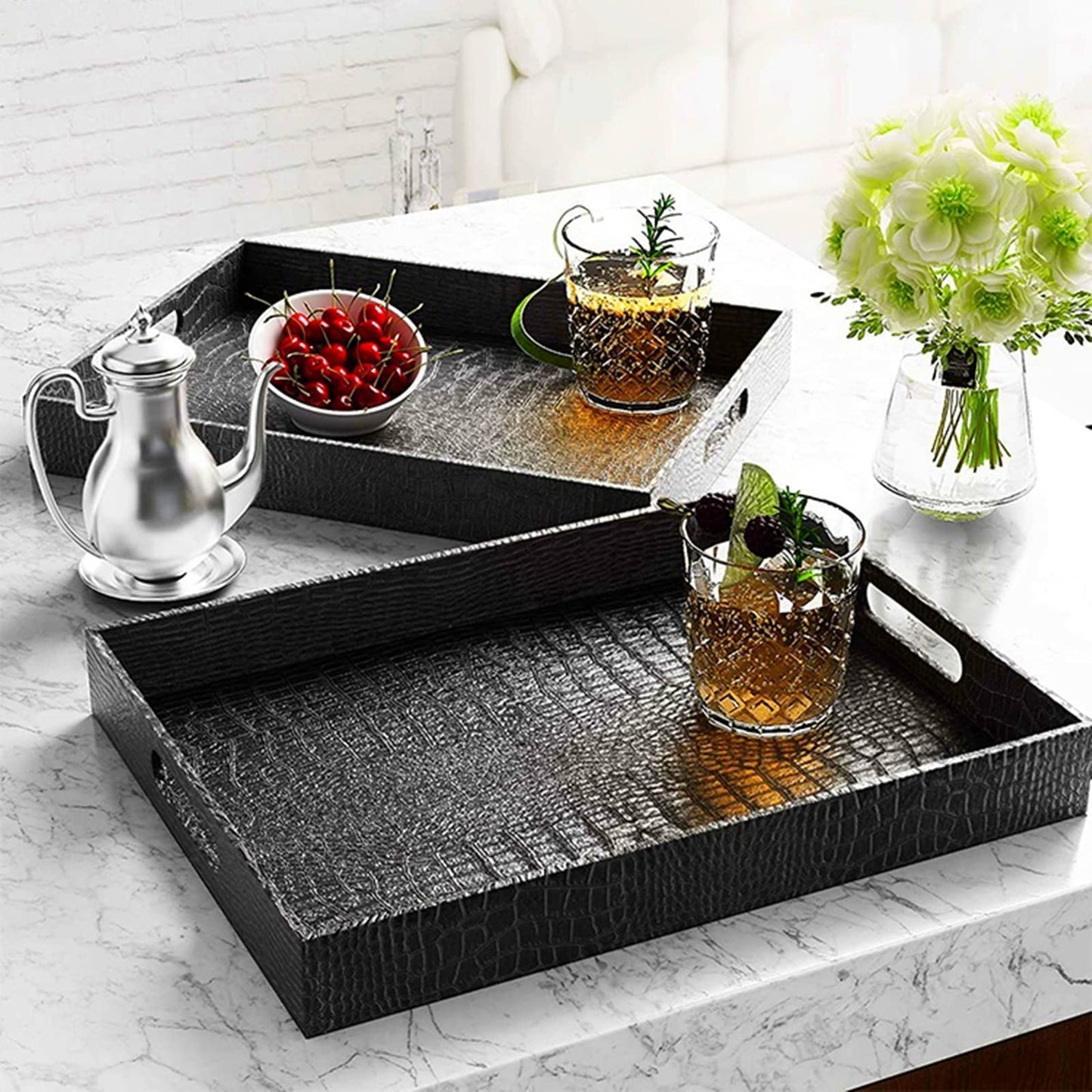 Lyellfe Black Serving Tray with Handles, Decorative Ottoman Tray in Alligator Faux Leather, 17x12 Inch Rectangular for Coffee Table, Living Room, Bed or Dressing Table