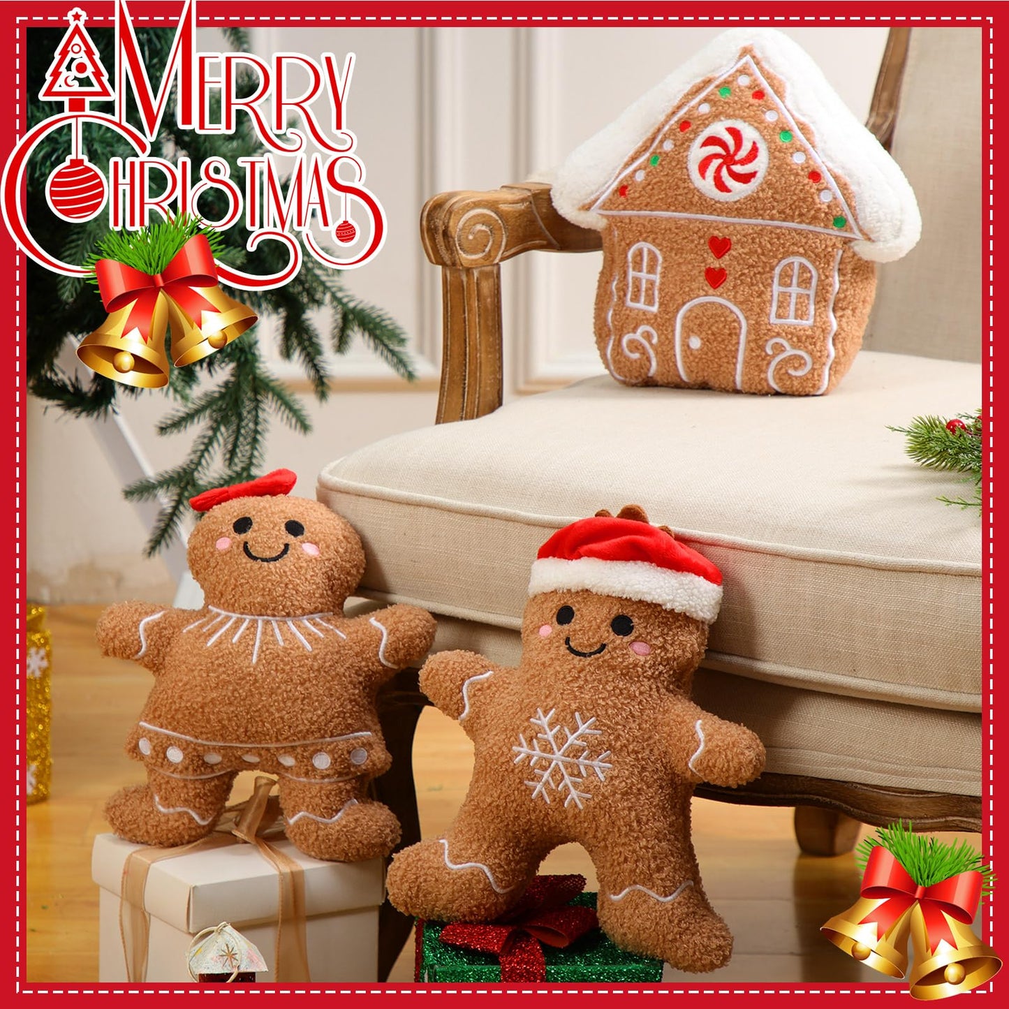 Konohan 3 Pcs Christmas Gingerbread Pillows House Man Throw Pillows Stuffed Gingerbread Shaped Pillow for Christmas Party Outdoor Cushion Decorations(Dark Yellow,Lovely Style)