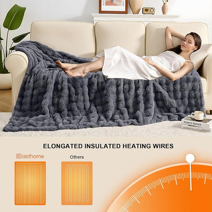 Heated Blanket Electric Throw Blanket 50''X 60''-Heating Blanket with 6 Heat Settings-4 Hours Auto Off,Cozy Faux Rabbit Fur Bubble Electric Blanket,Dark Gray