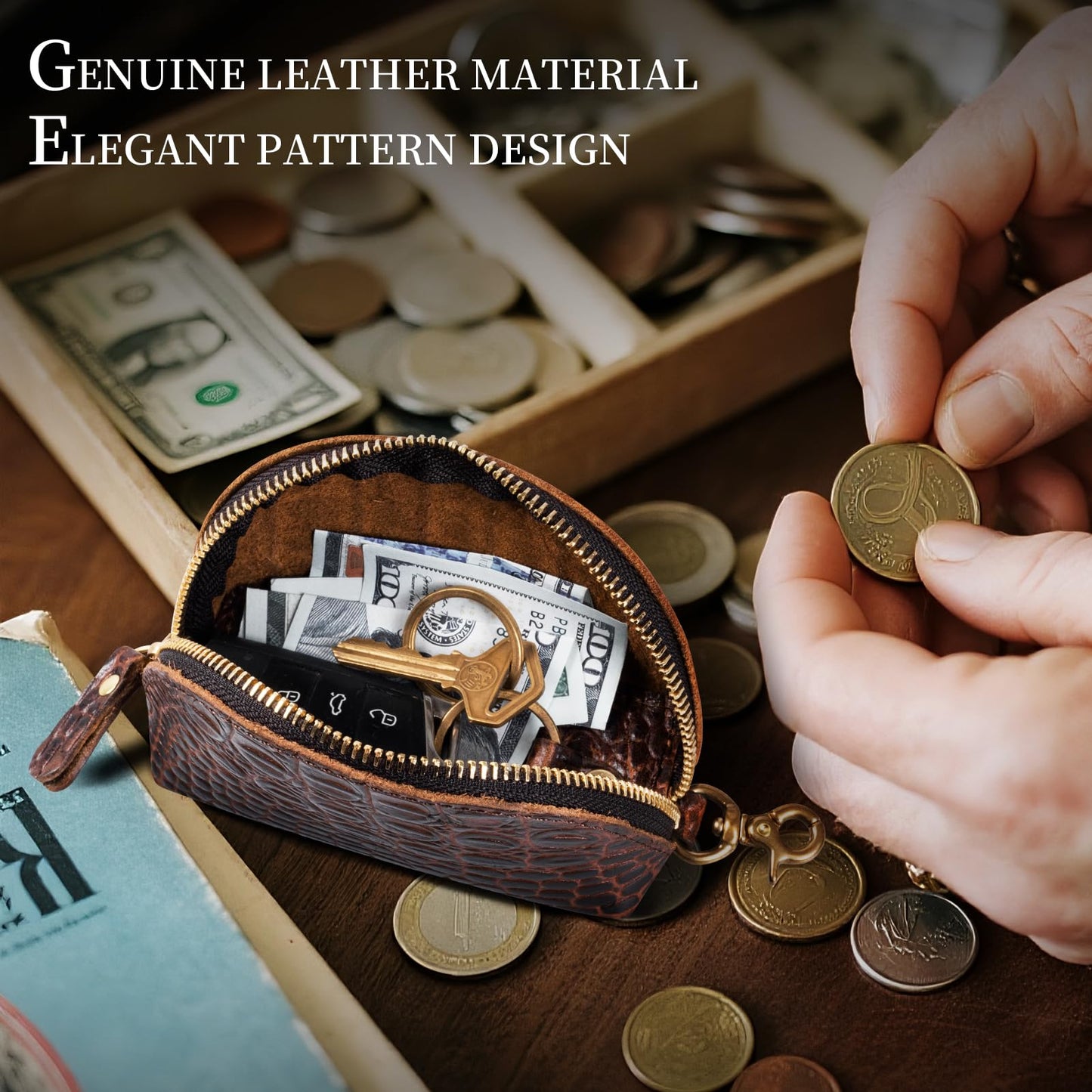 Gexmil Genuine Leather Coin Purse with Zipper, Full Grain Leather, Mini Coin Pouch for Women Men, Change Wallet,Crocodile Brown