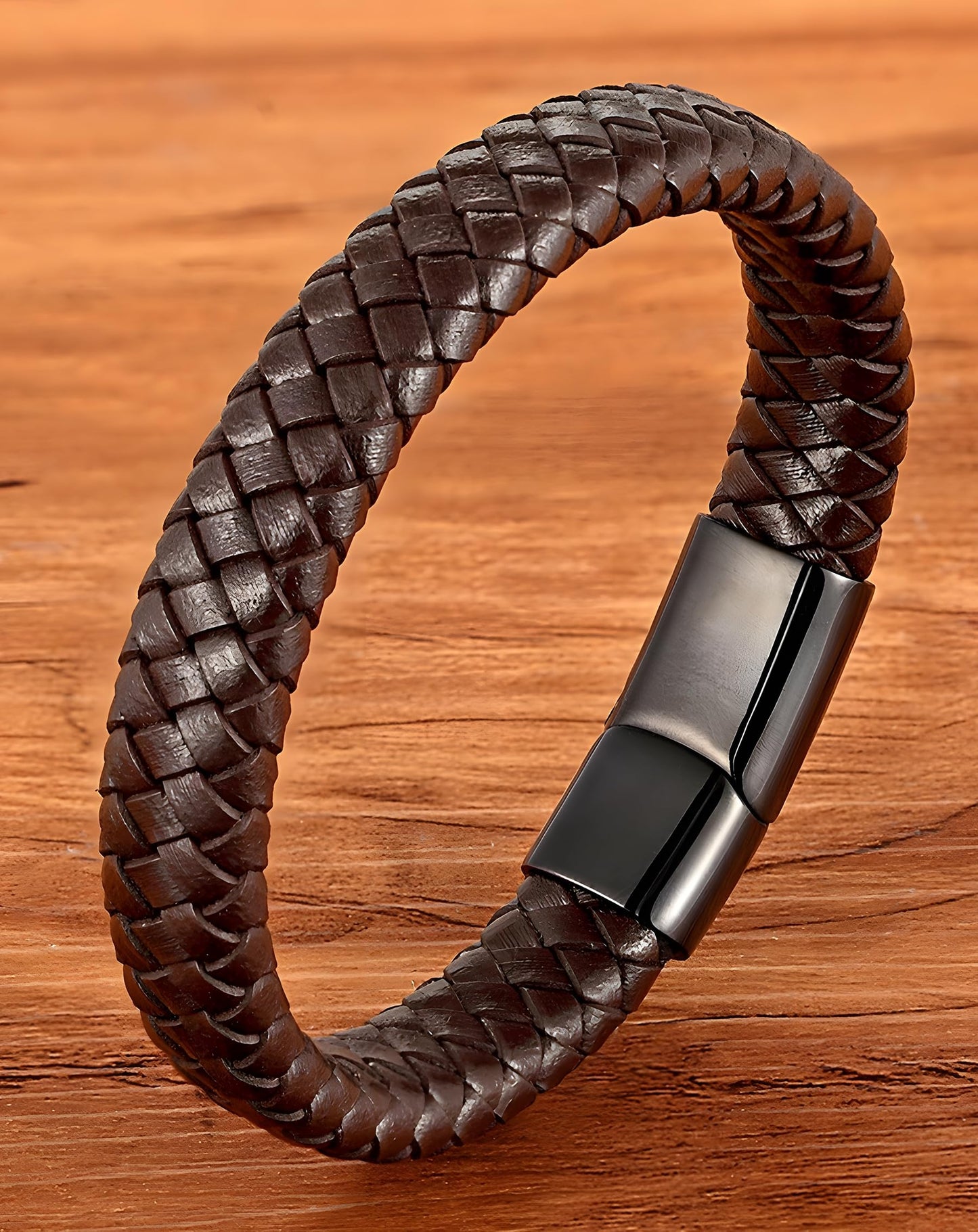 Deerllia Leather Bracelet for Men, Braided Cuff with Stainless Steel Clasp Stacked Multi Style Color Anniversary Father's Day Birthday Christmas Jewelry Gifts for Him, Silver Clasp Black Leather