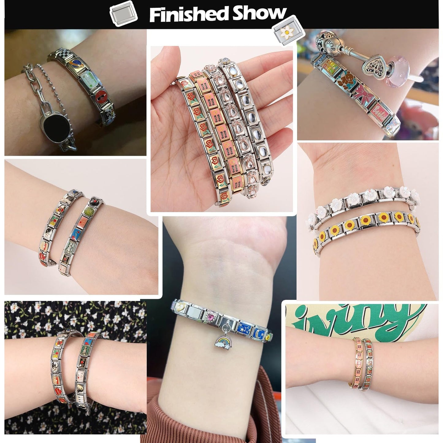 ITingstere Italian Charms Bracelet Sets with 1Pcs Gold Brascelet,20Pcs Charms and Opening Tools,9mm Italian Modular Charm Bracelet Link Handmade