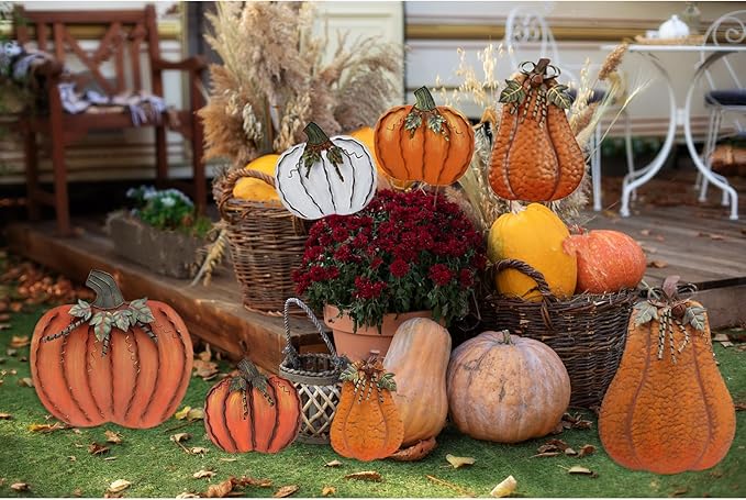 Metal Pumpkin Stakes Yard Signs Fall Decor Decorative Garden Stake Lawn Pumpkins Ornaments Outdoor Autumn Decoration for Harvest Halloween Thanksgiving (17.5" H White)