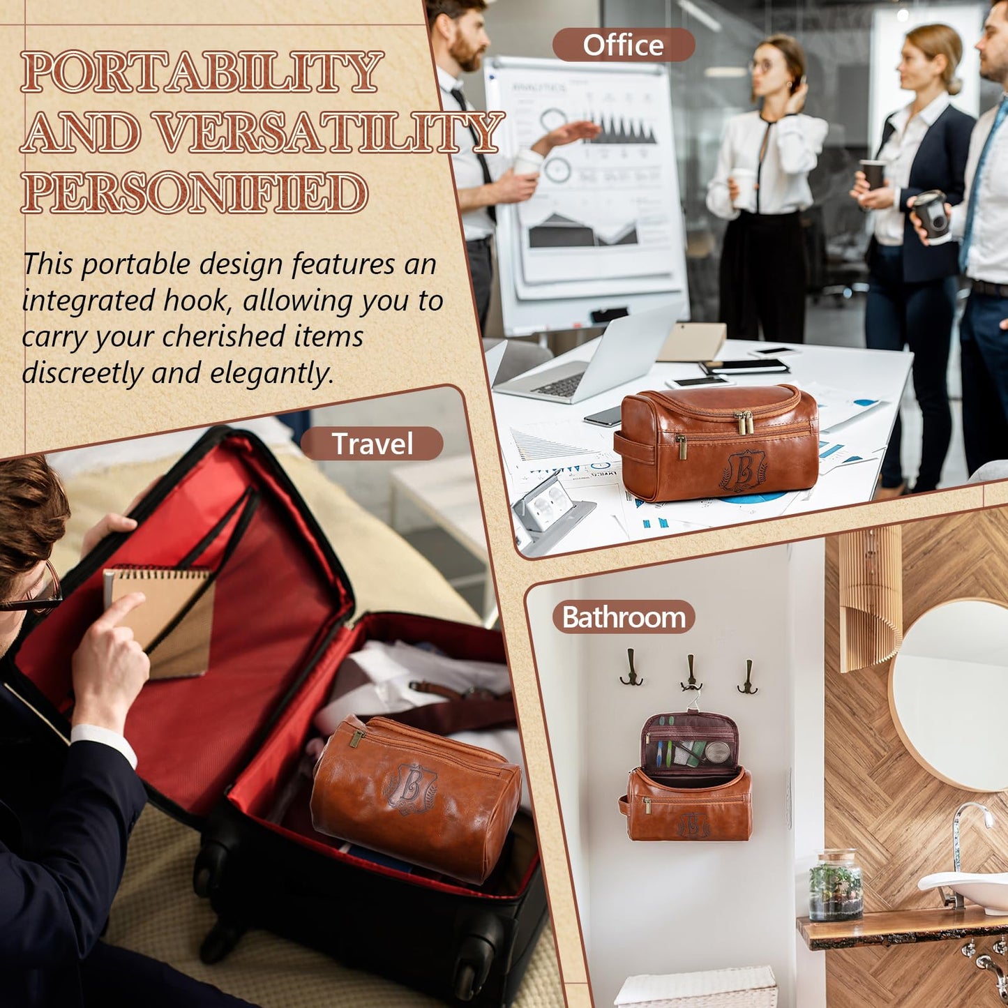 Sadnyy Father's Day Personalized Leather Toiletry Bag for Men Initial Travel Bag with Hook Monogrammed Toiletry Pouch Leather Travel Bathroom Kit with Side Handle for Anniversary Birthday Gifts(B)