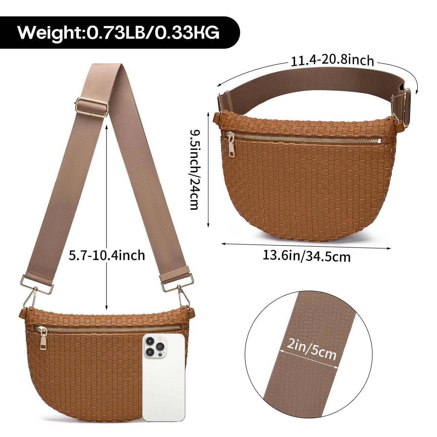AMZFROG Woven Crossbody Bag for Women Stylish Casual Oversized Bum Bag Sling Purses Vegan Leather Fanny Pack Chest Bag with Adjustable Strap for Outdoor Travel Brown