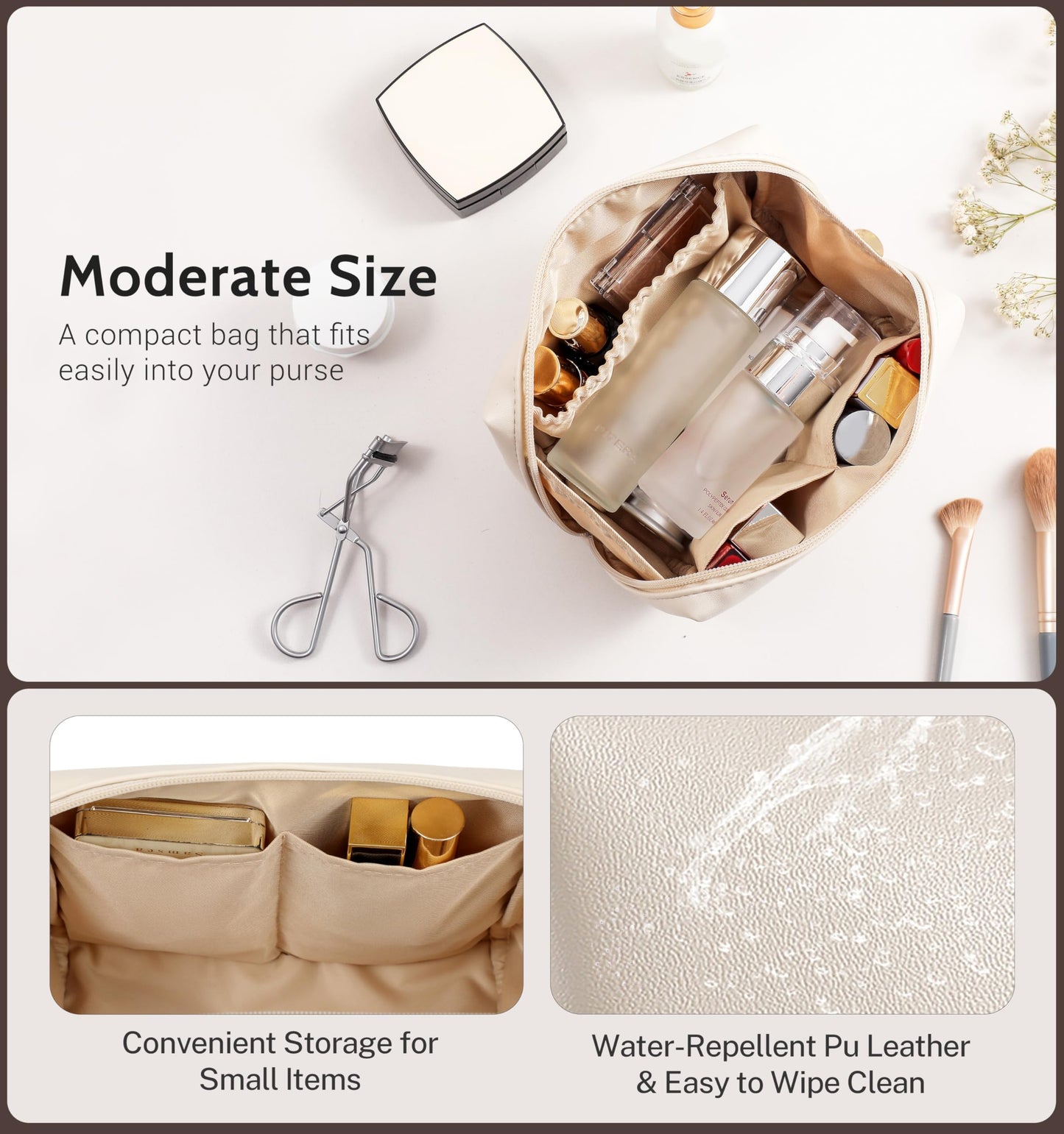 Aveniee Travel Makeup Bag Small, Vegan Leather Cosmetic Pouch for Purse, Wide-open Toiletry Organizer with Dividers & Zipper for Women-Beige