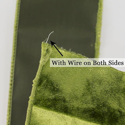 MEEDEE Moss Green Velvet Wired Ribbon 2.5 Inch - 10 Yards Crushed Velvet Christmas Ribbon for Tree Decoration, Wreath Supplies, Crafts Bow Making