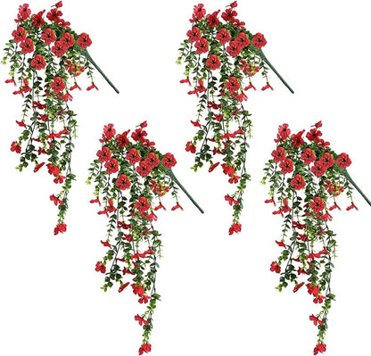 Artificial Fake Hanging Flowers Plants for Outdoor Spring Summer Decoration, 4pcs Faux Silk Realistic UV Sun Resistant Daisy for Outside Porch Patio Window Box Yard Home Decor (Red)