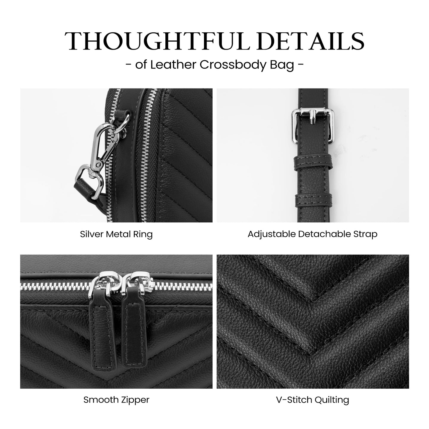 befen Quilted Genuine Leather Crossbody Bags for Women, Purses with Built in RFID Wallet, Woman Camera Shoulder Bag Handbags, Black Crossbody Purses with Adjustable Strap