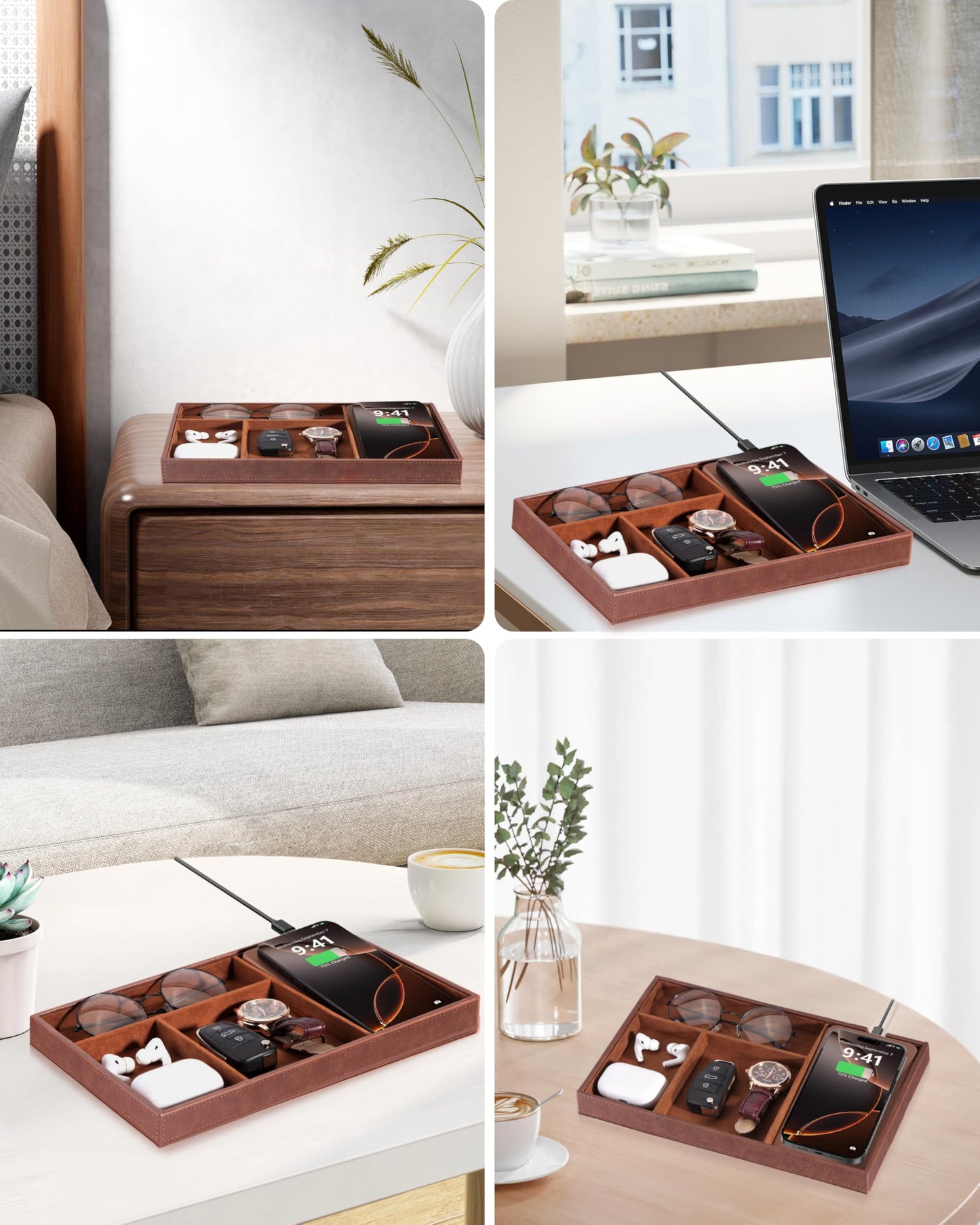 Investme Valet Tray with Wireless Charger, Nightstand Organizer for Men, EDC Catchall Tray for Keys, Watch, Wallet, Jewellery, Premium Vegan Leather, Bedside Caddy, Stylish and Organized, Brown