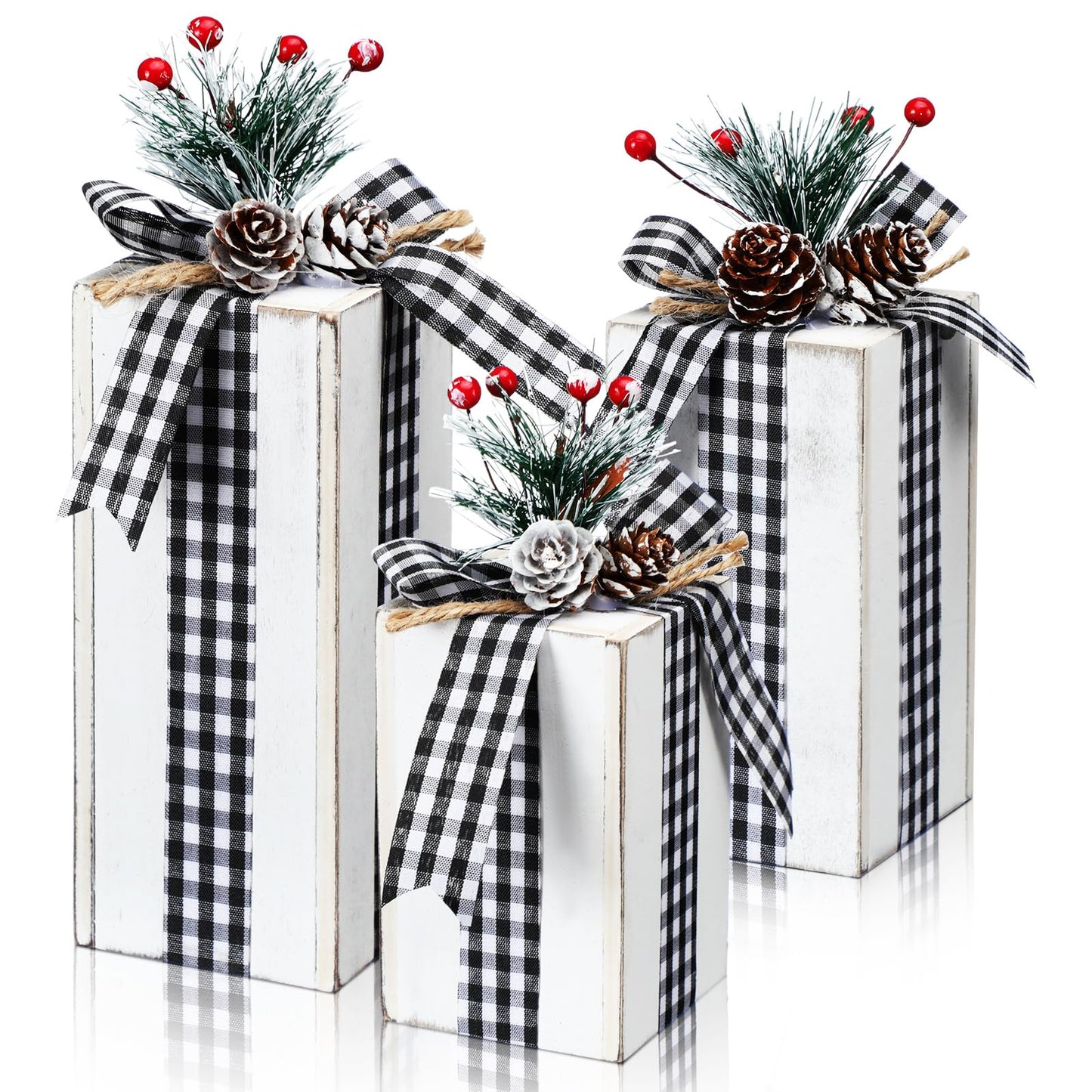 Amyhill 3 Pcs Christmas Wooden Gifts Box Decor Christmas Plaid Presents Table Centerpieces Rustic Wooden Gifts Tiered Tray Decor with Buffalo Plaid Bowknot for Xmas Party (White,Fashion)