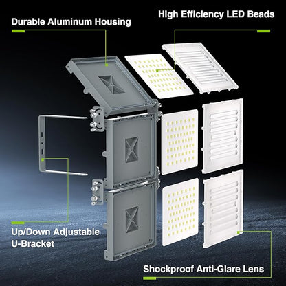 STASUN 600W LED Flood Light, Mini Series Stadium Light, 60000LM 6000K Daylight White, IP66 Waterproof, 3 Adjustable Panels, Outdoor Sports Lighting for Basketball Court, Parking Lot, Baseball Field