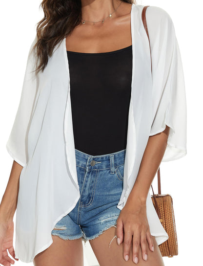 Women Summer Tops Kimono Cardigans Sheer Beach Cover Ups Chiffon Open Front Shirts （White,4XL