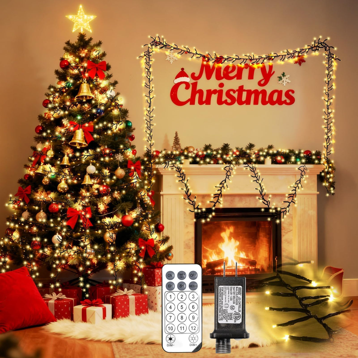 1200 LED 59FT Christmas Cluster Lights, Warm White Christmas Tree Lights Outdoor, Firecrackers String Light with 12 Modes Timer Remote, Waterproof Plug in Twinkle Fairy Light for Xmas Tree Garland