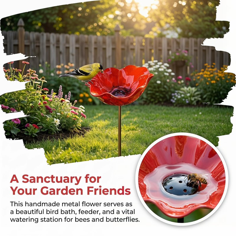 2026 Metal Flower Bird Bath, Bird Feeder & Bee Watering Station, Handmade Metal Flower Stand, Unique Garden Decor for Outdoor Yard. (Blue, 6 inches in Diameter)