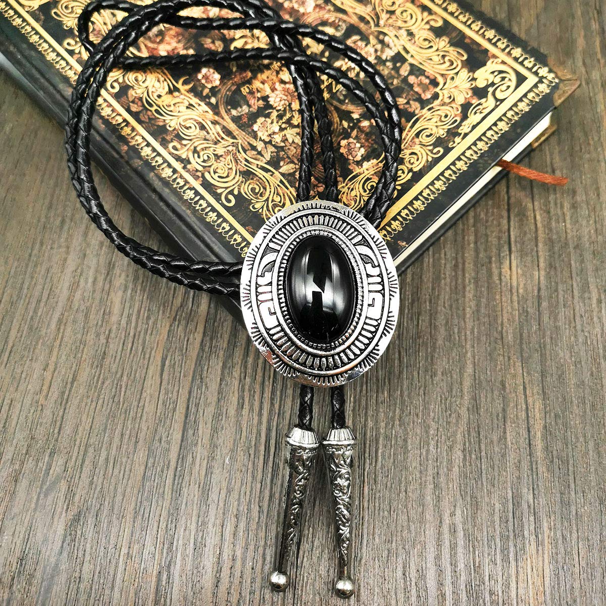 YOQUCOL Black Stone Bolo Tie Native American Western Leather Necktie Bolo Ties For Men