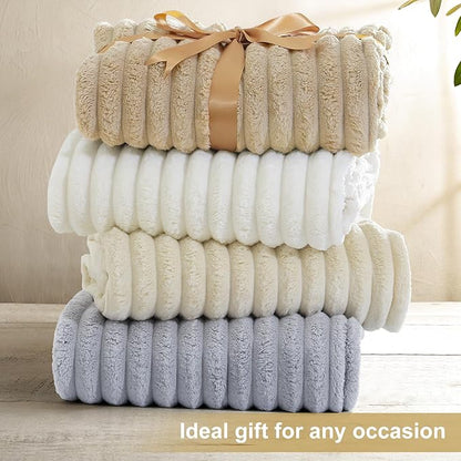 decorUhome Soft Fleece Light Brown Twin Blanket for Bed, Cozy Fluffy Plush Flannel Striped Throws for Couch Sofa, Lightweight Decorative Ribbed Fuzzy Blanket for Woman, 60x80 Inches