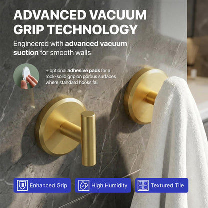 HOME SO Suction Cup Hooks for Shower & Bathroom Towel Holder 2-Pack – Suction Cups Hooks for Hanging Towels, Robes, & Coats - Tiles, Glass Door or Mirror – Shower Hooks & Towel Hooks - Gold T-Shape