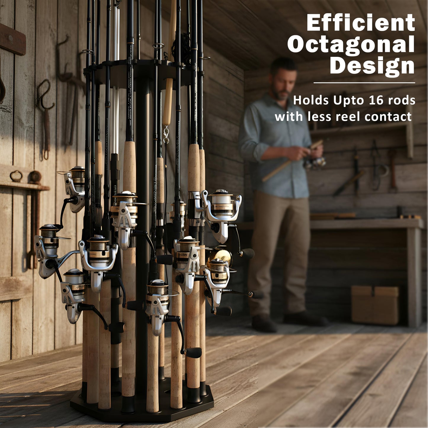 Rush Creek Creations 16-Rod Round Fishing Rod Holder for Garage, 360° Access Fishing Pole Holder for Fishing Rods, Reels, Gear, and Accessories, Securely Holds 16 Rods, Gray