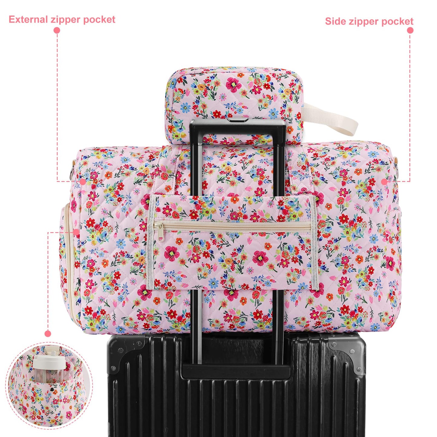 Large Floral Quilted Duffle Bag Coquette Pink Floral Portable Gym Lightweight Weekender Bag for Women with Makeup Pouch with Dry and Wet Separation for Women Travel Hospital