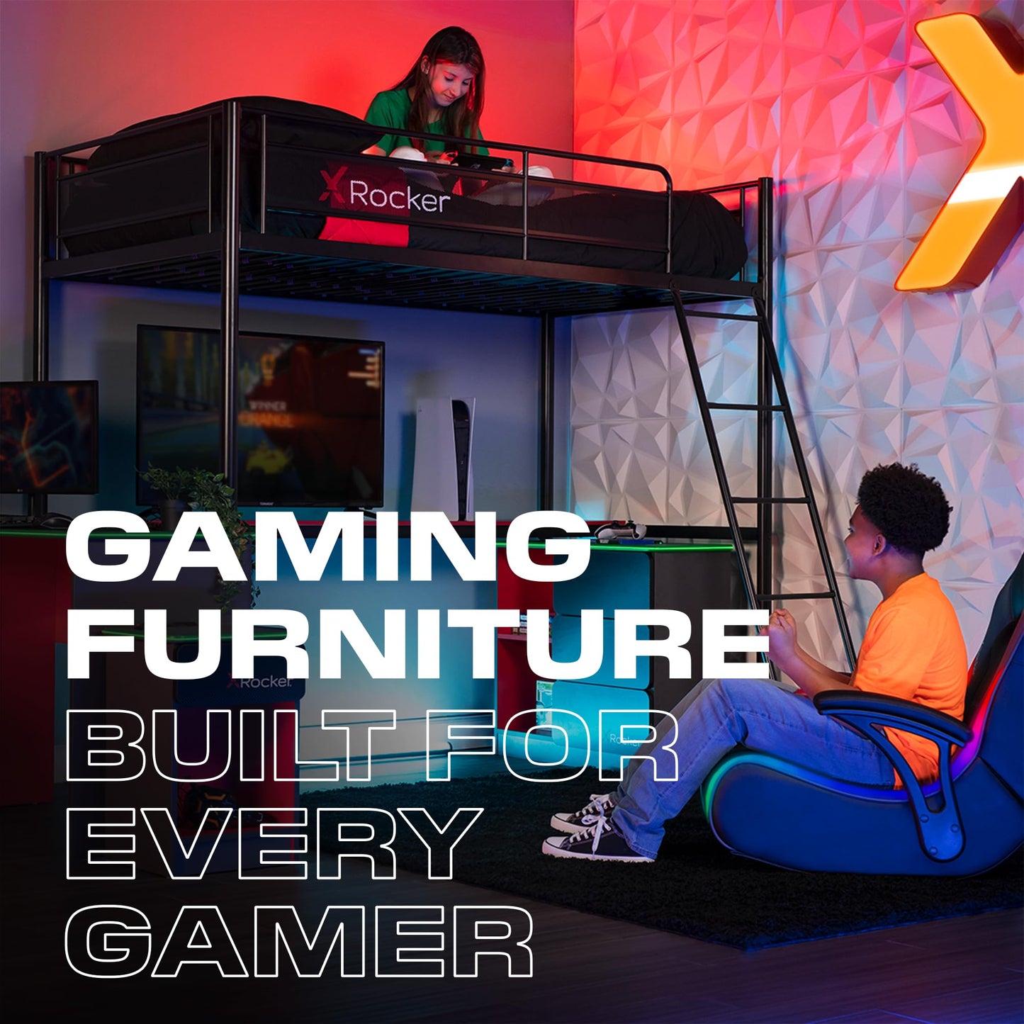 X Rocker Pixel Printed Video Gaming Floor Chair with Headrest Speakers, Wireless Bluetooth, Foldable, Vegan Leather, 300 lbs Max, Amazon Exclusive, Black