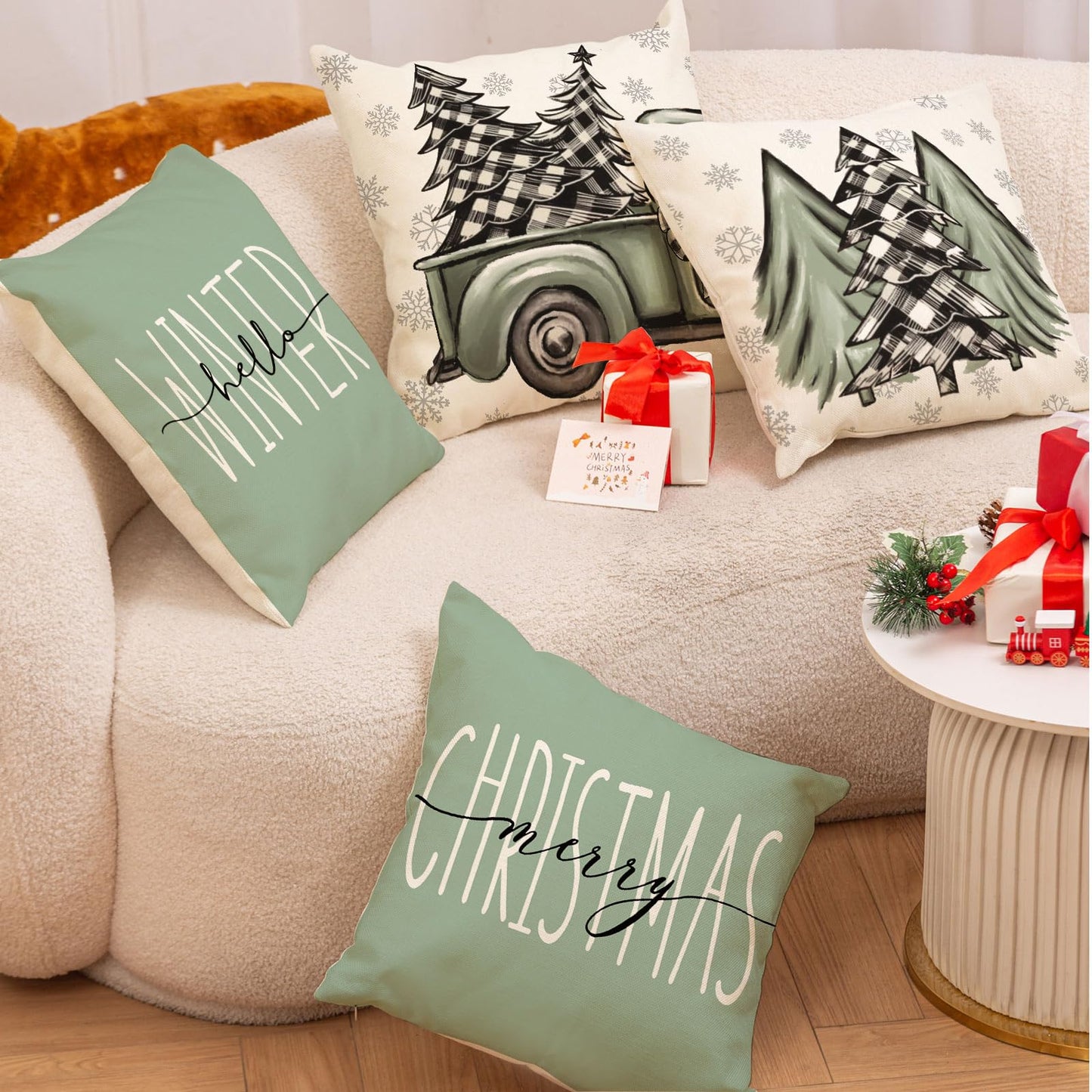 Christmas Throw Pillow Covers Sage Green Christmas Tree Truck Pillow Case Xmas Winter Farmhouse Decorative Cushion Case for Home Office Room Couch Sofa, 18 x 18 Inch, 4 Packs