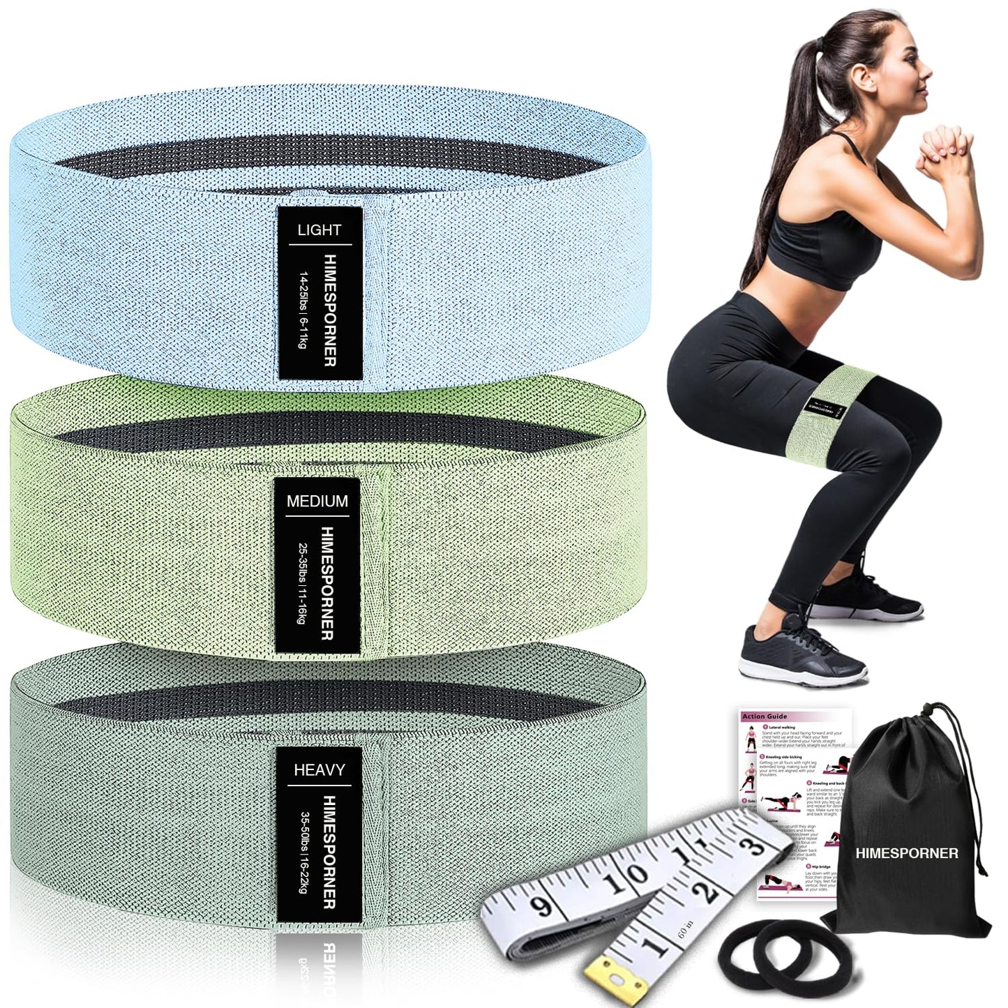 Wide Fabric Resistance Bands for Working Out, 3 Level Non-Slip Exercise Booty Bands for Women & Men Leg and Glutes with Hair Ties and Tape Measure - for Home Gym Workout, Yoga, Pilates