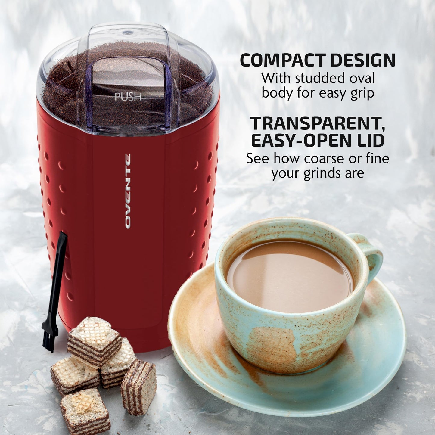 OVENTE Electric Coffee Grinder for Beans, Spices and More, 2.5Oz Compact Grinding Mill, Spice Grinder with Stainless Steel Blade, Pulse Button Operation and Transparent Easy to Open Lid, Black CG225B