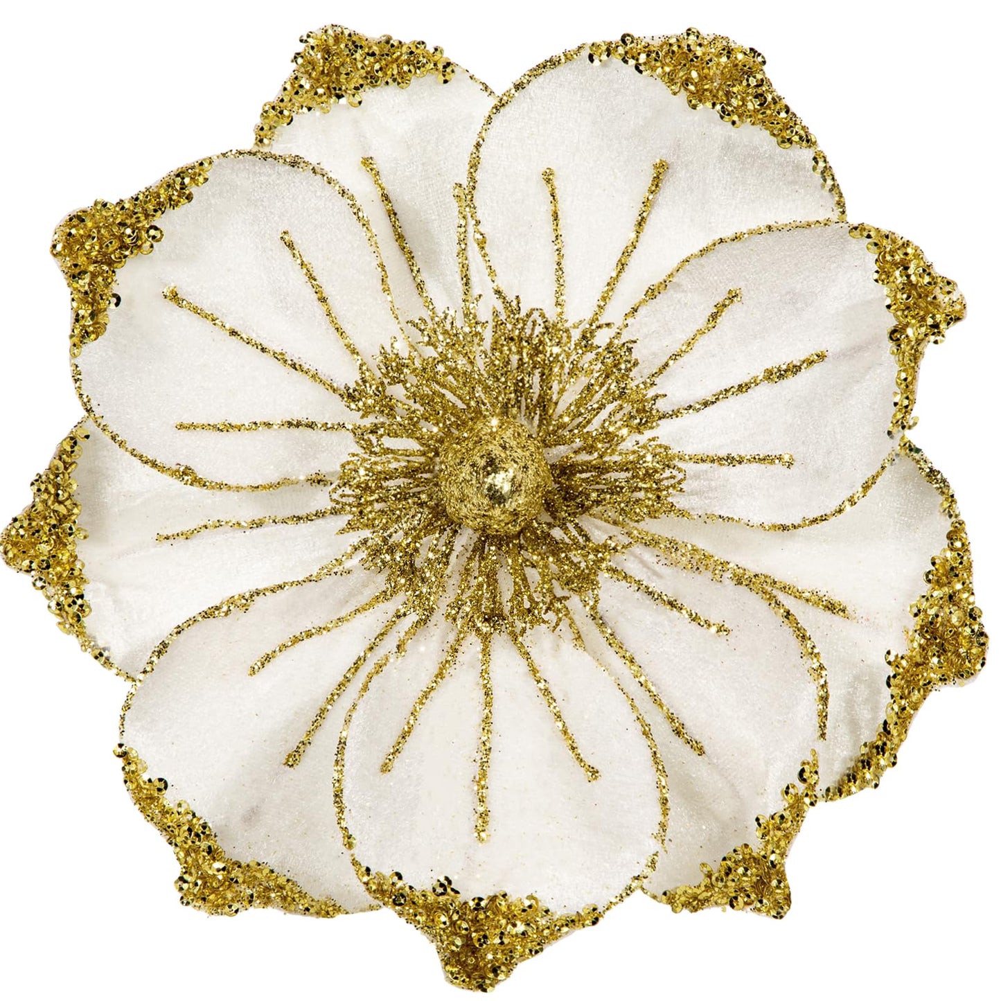 Briful 8in Magnolias Christmas Flowers Glittering Magnolia Flowers Artificial 6Pcs Cream Gold Magnolia Stems for Christmas Tree Decorations, Wreaths, Garland Real Touch Magnolia Xmas Picks