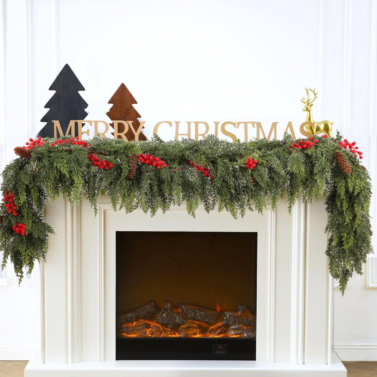 6ft Christmas Cedar Garland with Artificial Red Fruits and Pine Cones, Soft and Thick, Faux Greenery Cedar Garland, Suitable for Home Dining Table, Mantel, Porch Winter Christmas Decoration (6FT)