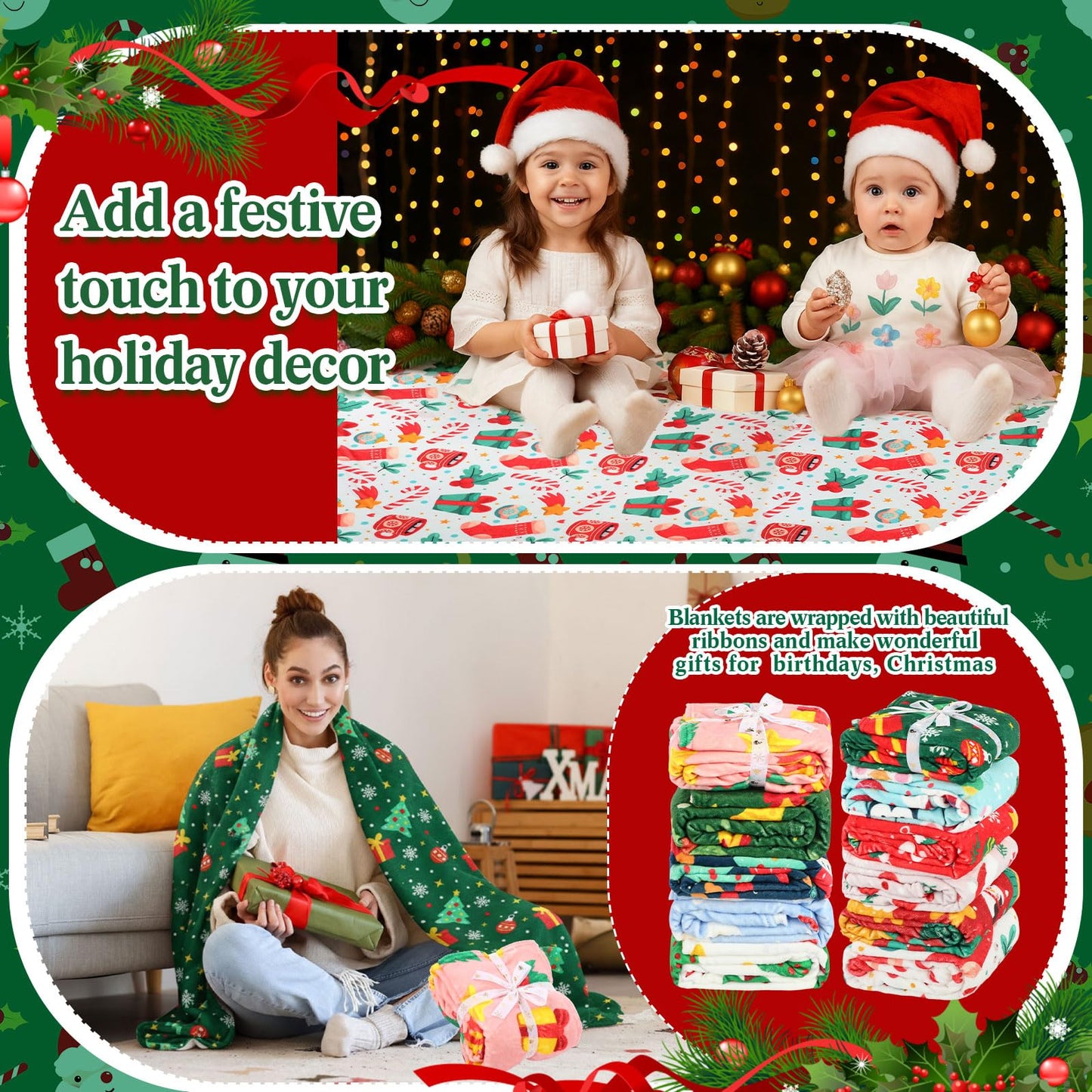 Windkream 12 Pcs Christmas Throw Blankets with Ribbon Xmas Fleece Blankets Gingerbread Snowman Lightweight Soft Warm Plush Couch Throw for Living Room Home Decor(60 x 80 Inch)