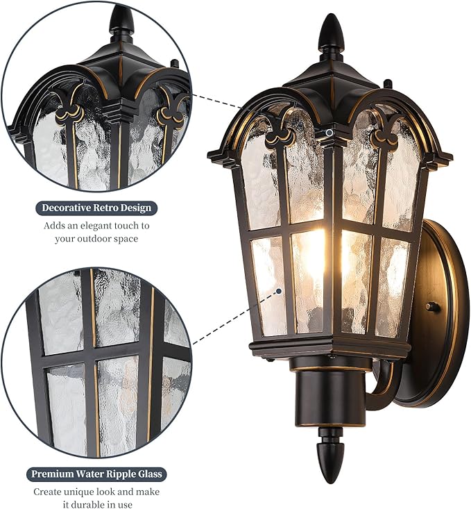 Outdoor Wall Light Fixtures, Black & Gold Exterior Waterproof Porch Lights, Vintage Outside Wall Sconces with Water Ripple Glass for House Front Door Garage, 2 Pack