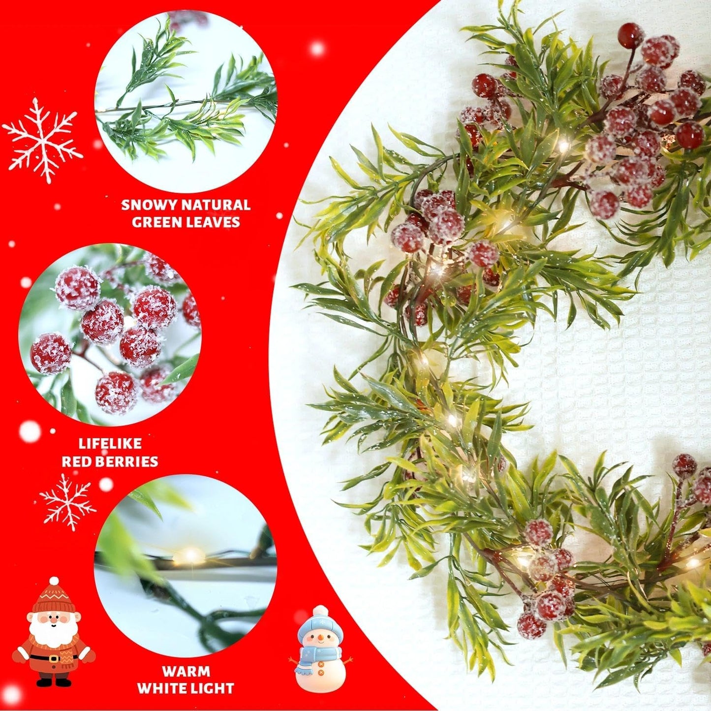 Christmas Garland with Light,Lighted Snowy Red Berries Holly Leaves Garland for Fireplace Mantle Indoor Outdoor Christmas Decoration 6.5FT Pre-lit Battery Operated Xmas String Lights 2 Pack