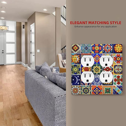 Decorative Light Switch Cover Plate Traditional Colorful Talavera Mexican Spanish Moroccan Tiles 2 Gang Socket Covers Double Duplex Wallplates Switch Plates and Outlet Covers for Kitchen Bathroom