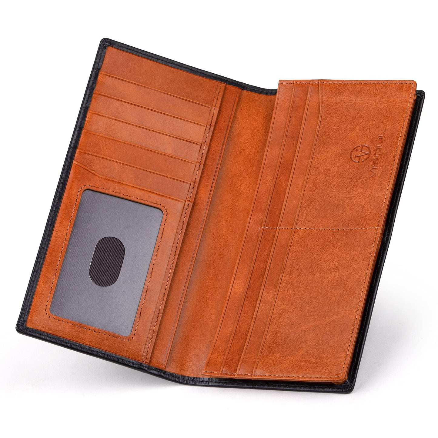 VISOUL Leather Checkbook Cover Wallet for Men with RFID Blocking, Mens Long Bifold Cash Tall Wallet with 11 Credit Card Slots 1 ID Window (Black and Orange)