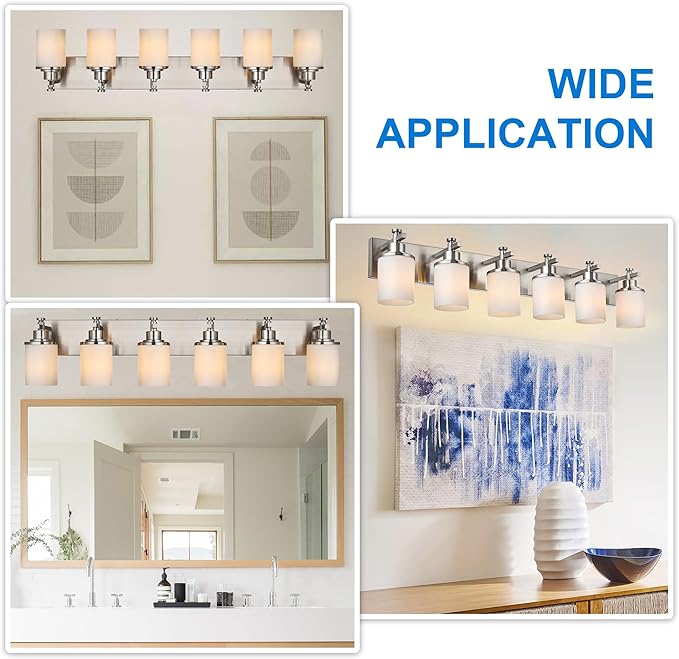 MELUCEE 6-Light Bathroom Vanity Light, Bathroom Light Fixtures Over Mirror with Milky White Glass Shade, Brushed Nickel Finish Wall Light for Kitchen Dressing Room Living Room Hallway, E26 Base