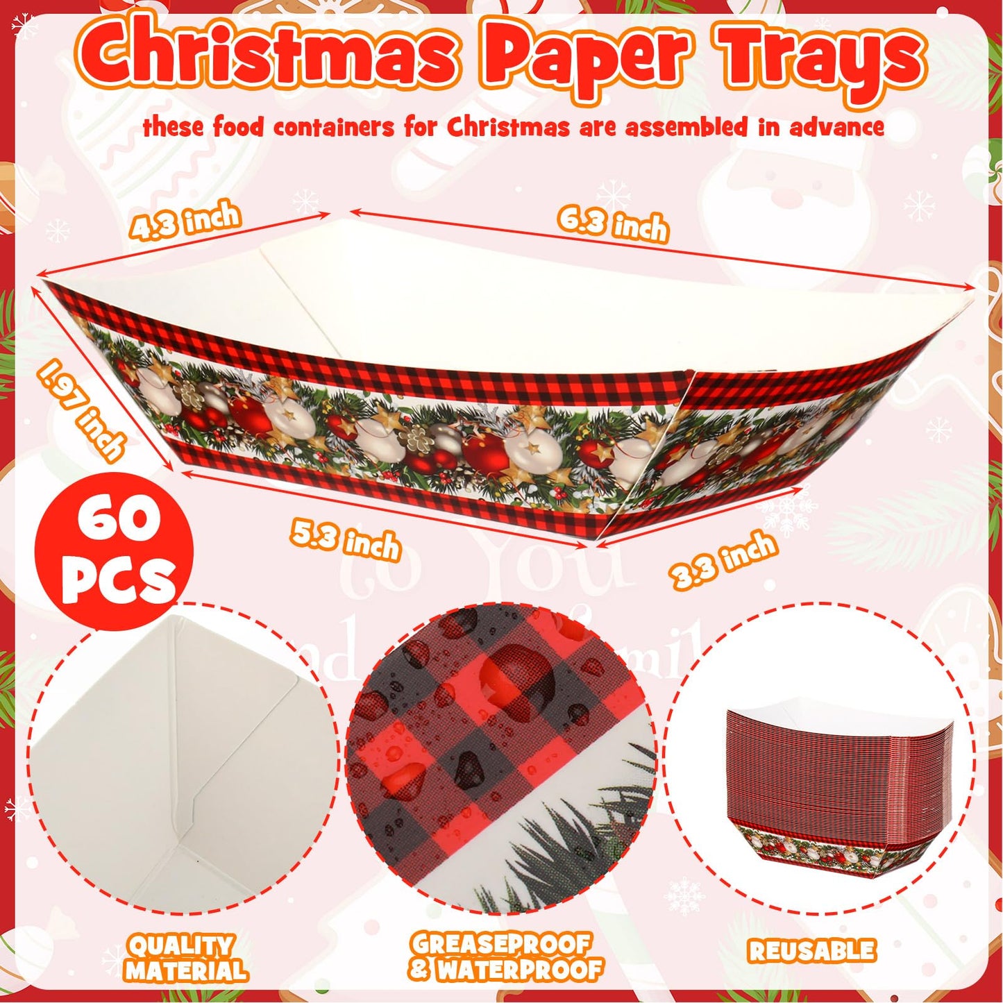 Ctosree Christmas Paper Food Trays Linen Red and Black Buffalo Check Seasonal Winter Xmas Holiday Farmhouse Style Snack Bowl for Party Decoration Supplies