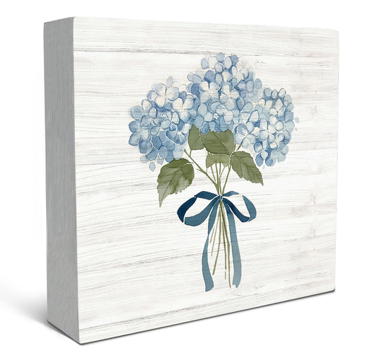 SRADMO Vintage Blue Hydrangea Wood Box Sign Desk Decor, Floral Room Decor, Preppy Blue Bow Hydrangea Flower Theme Wooden Block Box Sign Decoration for Home Girly Dorm Bedroom Shelf Table