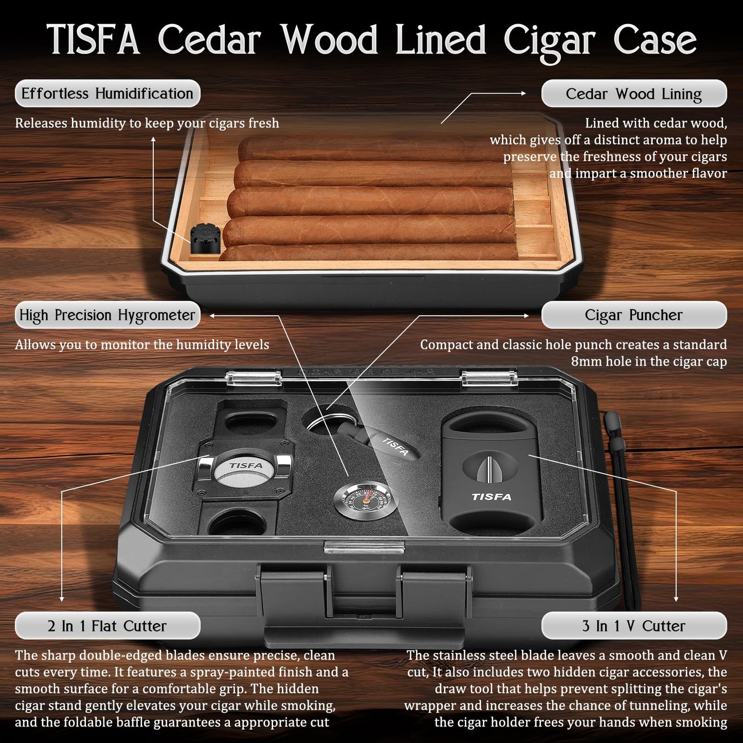 TISFA Cigar Humidor Set Travel Humidor Includes 2 Multifunctional Cutters, Hole Punch, Humidifier, Hygrometer, Portable Cedar Wood Lined Cigar Box Holder Case Gifts for Men (Black)