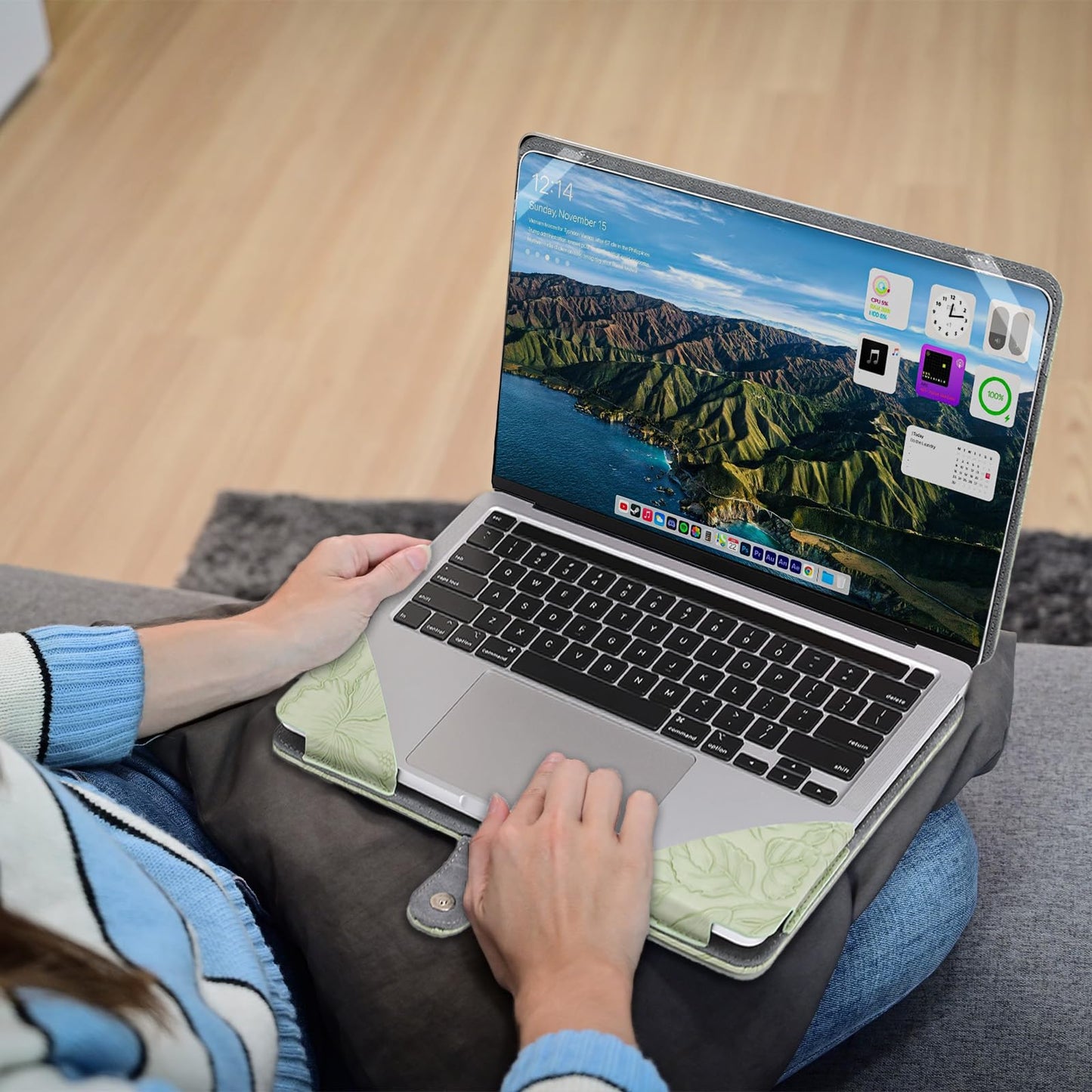 MOSISO Case Compatible with MacBook Air 13.6 inch M5 M4 M3 M2 2026-2022 /Air 13 M1 2022-2018 /Pro 13 M2 M1 2022-2016, Embossed Retro Hibiscus PU Leather Portfolio Protective Stand Cover, Sage Green