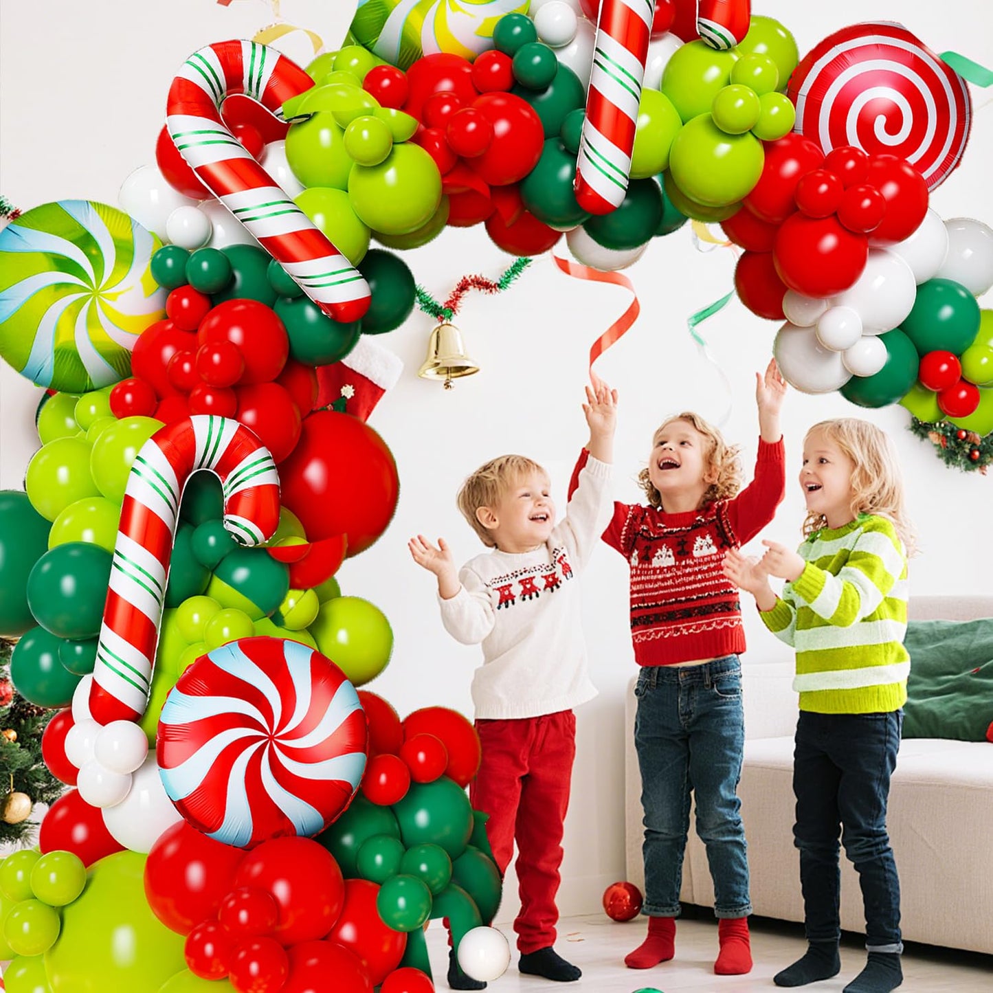 147 Pcs Christmas Balloon Garland Arch Kit with Xmas Red and Green Candy Cane foil Balloons, Red Green White Candy Balloons for for Christmas Party Decorations Birthday Supplies