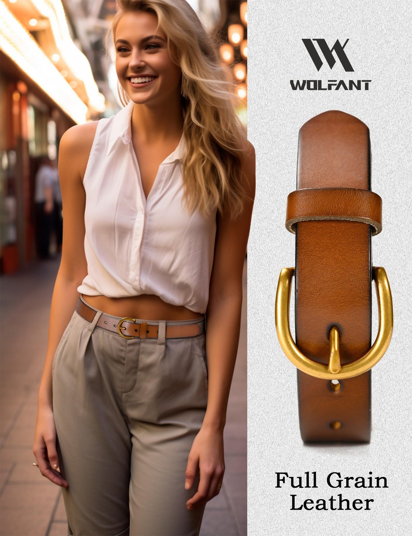WOLFANT Womens Casual leather Jean Belt,1.1" Ladies Belt with Gold Buckle,100% Italian Full Grain Real Solid Leather