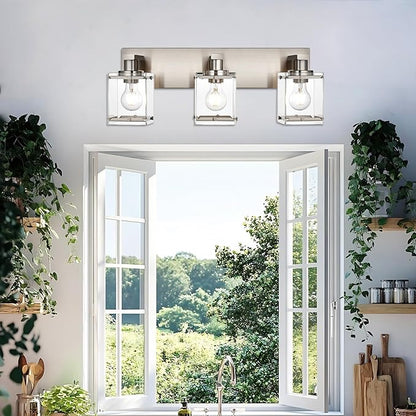 3-Lights Bathroom Wall Light Fixtures E26 Bulb Base, Brushed Nickel Vanity Lighting Fixtures Over Mirror with Clear Glass Shades for Living Room Hallway Kitchen