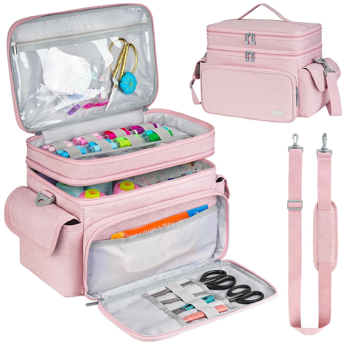 LEFOR·Z Large Sewing Supplies Organizer Storage Bag,Double-Layer Protable Travel Sewing Basket for Sew Accessories & Tools,Pink(Bag Only)