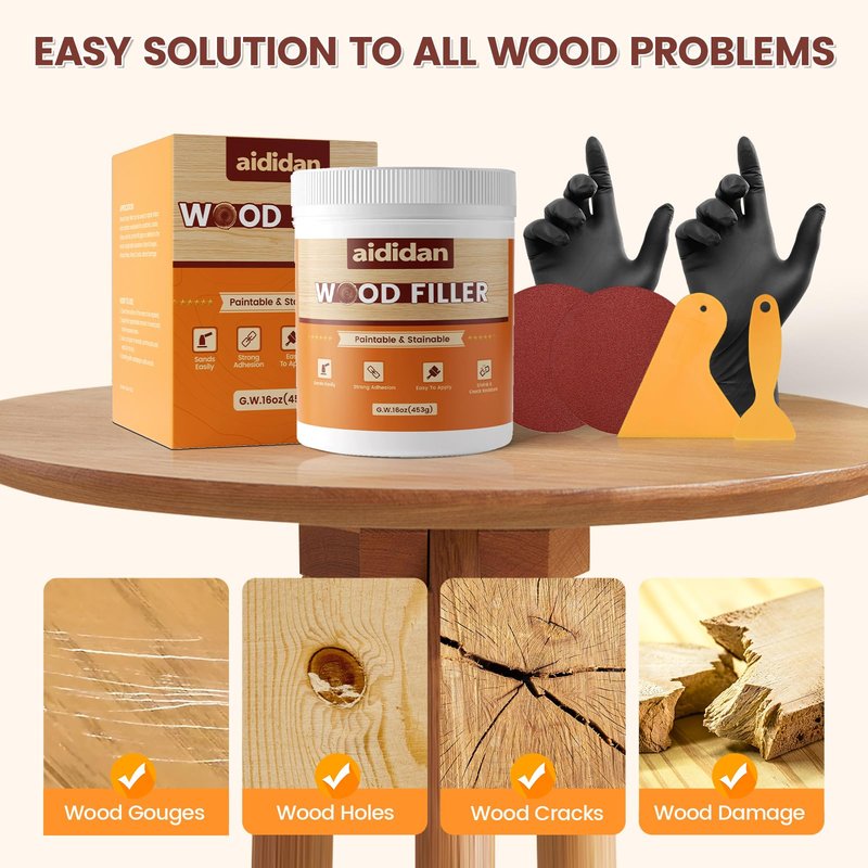 Wood Filler, Wood Repair Kit, 16 Ounce Paintable & Stainable Wood Putty Filler, Wood Scratch Cracks Holes Repair Furniture, Exterior Wood Filler Water Resistant, Wood Putty (White)