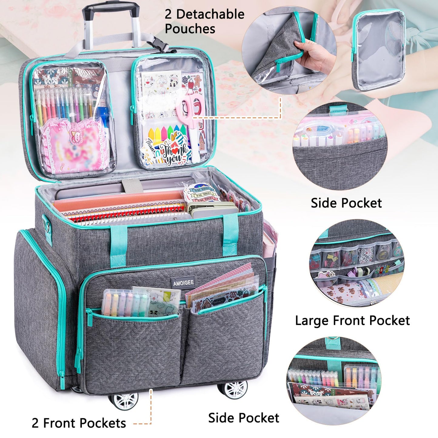 AMOIGEE Rolling Tote Bag with Wheels and Handle, Sewing Machine Case, Craft Organizer Tote for Scrapbooking Storage, Teacher Rolling Bag, Craft Supply Storage, Art Bag, Rolling Cart for Teachers