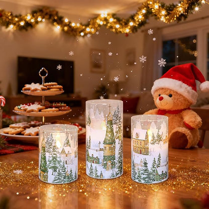 Christmas Flickering Flameless Candles Village House Decor Glass Real Wax LED Battery Operated Pillar Candle with Remote Timer Christmas Church Decorations for Home Party, Winter Holiday DIY, Gifts