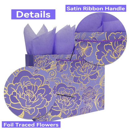 Qirrmiy 13" Large Rose Purple Gift Bag Set with Greeting Card and Tissue Paper for Women or Girls for Celebrating Birthdays, Mother's Day, Valentine's Day, Weddings, Anniversaries