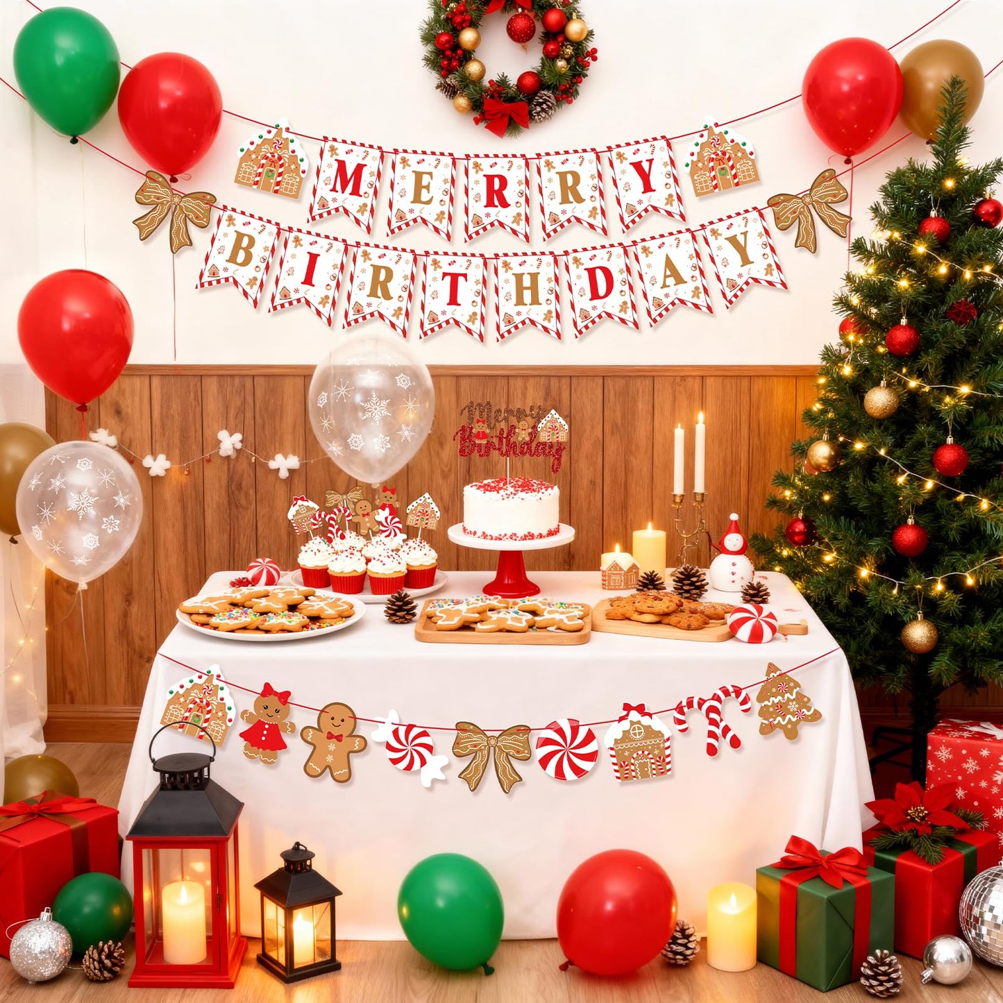 Christmas Birthday Party Decorations, Cute Bows and Gingerbread Merry Birthday Banner Cake Topper Red Green Snowflake Balloons for Gingerbread Christmas Decorations Holiday Party Supplies